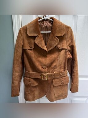 Vintage 70s Women’s Belted Brown/Tan Suede Leather Jacket Size Small Boho Retro